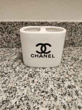 White Ceramic Vanity Organizer with Black Logo